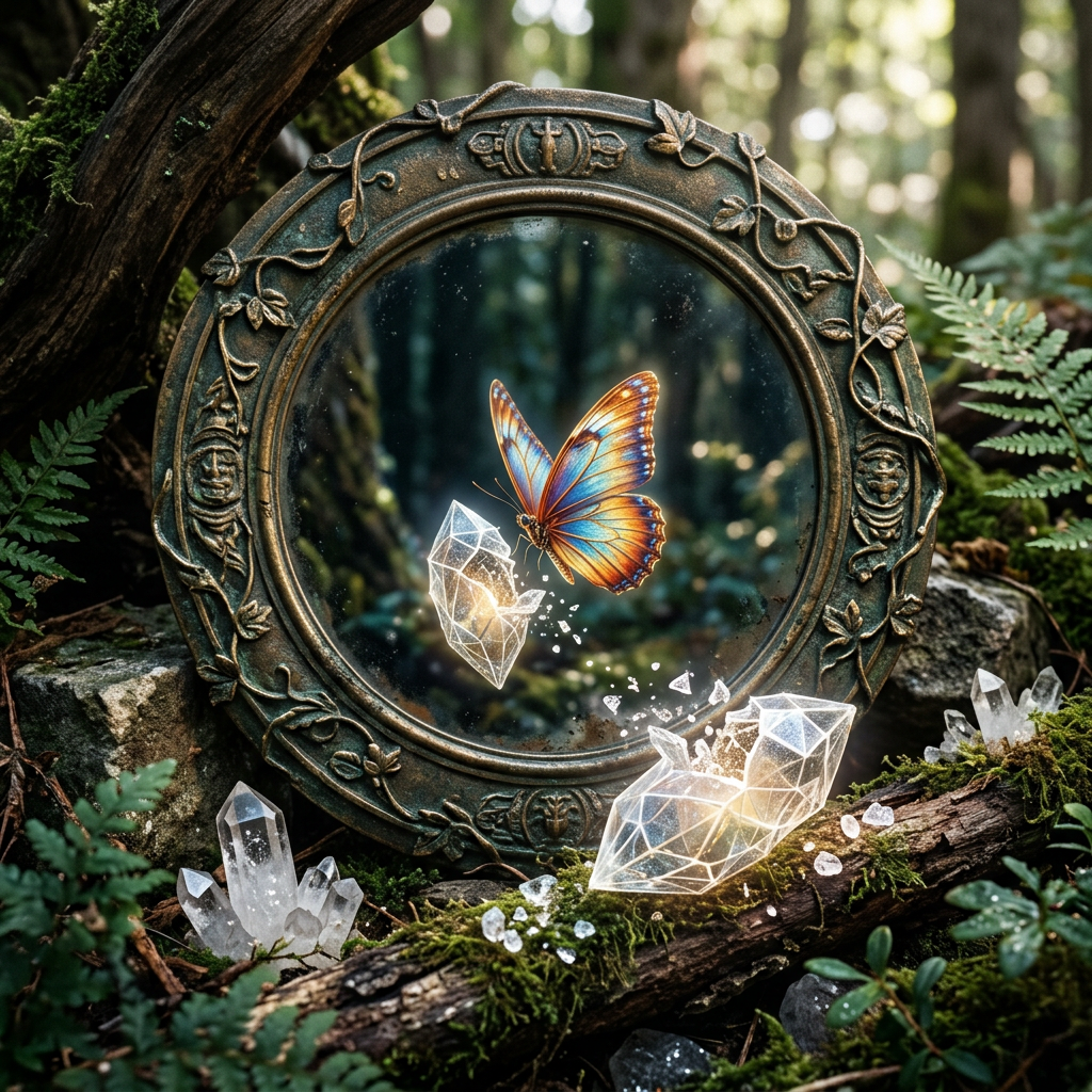 Ornate round mirror in forest reflecting blue and orange butterfly with glowing geometric crystals