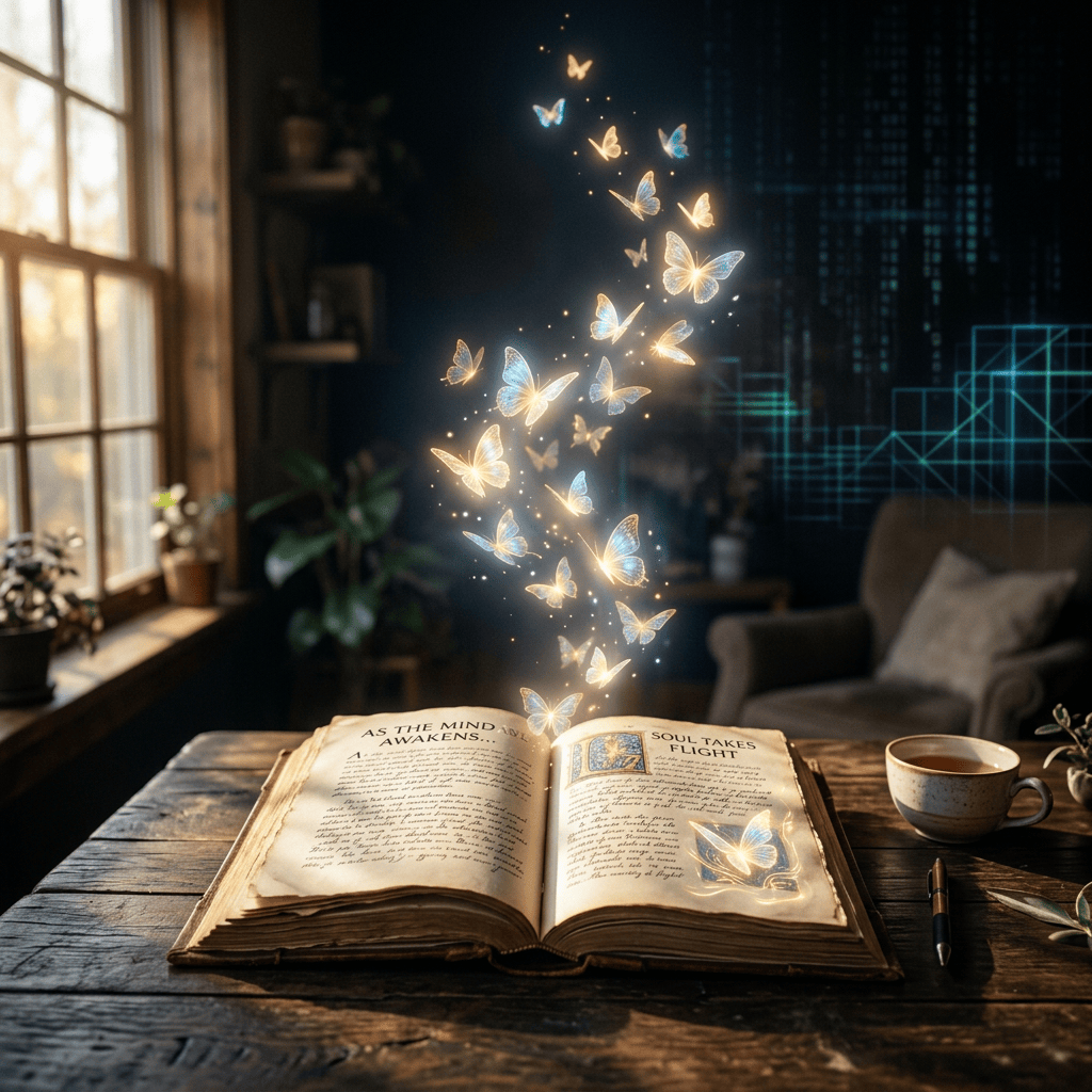 Open vintage book with glowing butterflies