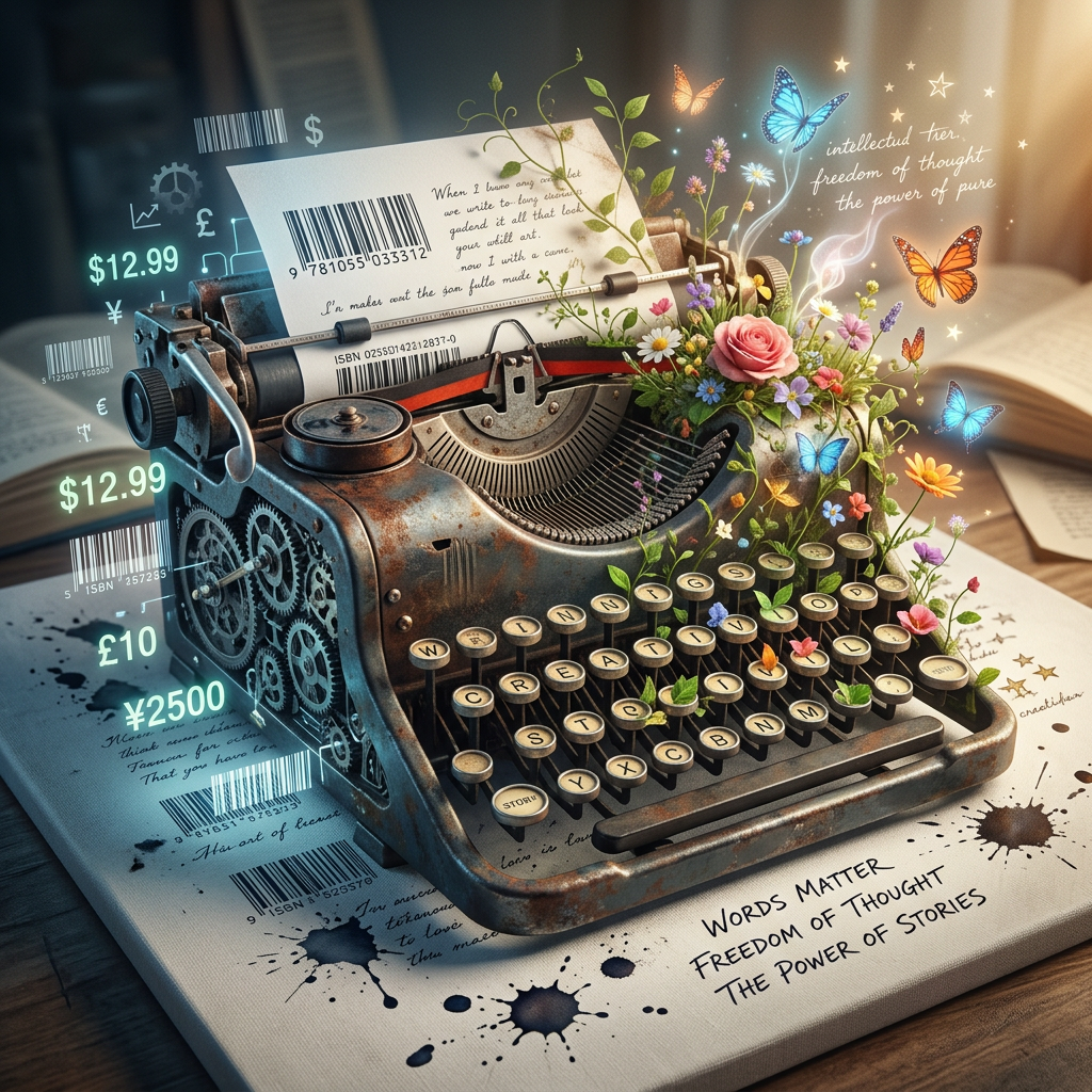 Antique typewriter with flowers, butterflies, barcodes, currency symbols, and text reading “Words Matter.”