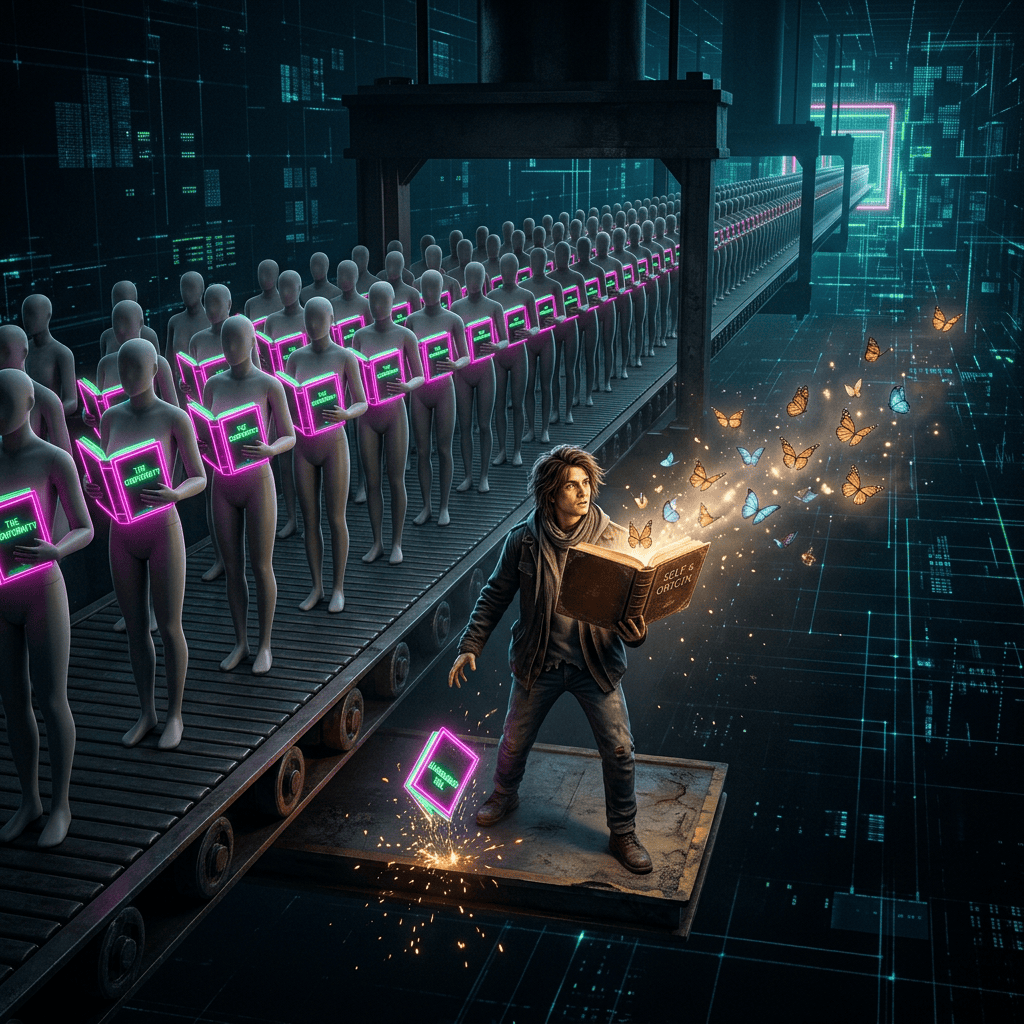 Person reading a glowing book beside a conveyor belt of figures holding books labeled “THE CREATIVITY.”